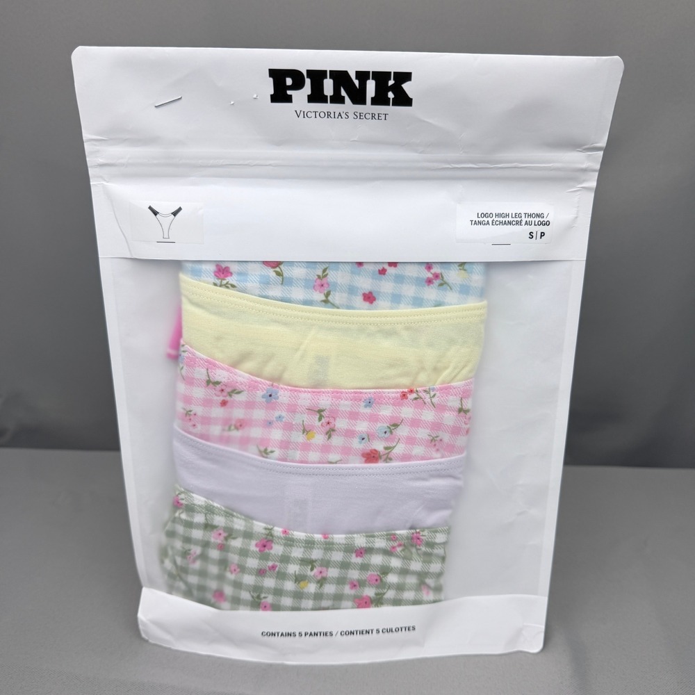 Victoria's Secret PINK Logo High Leg Thong 5 Pack Floral Gingham Small NEW